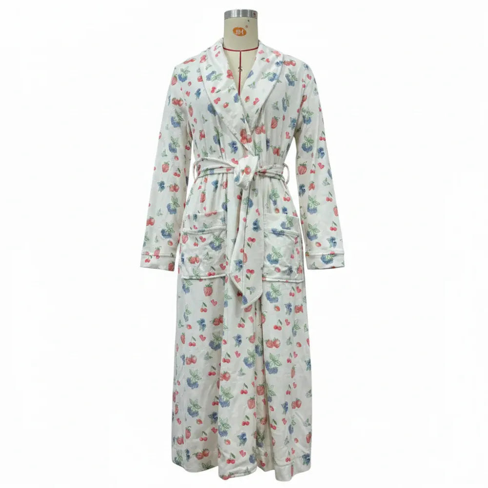 Floral Print Flannel Bathrobe with Shawl Collar and Tie Waist
