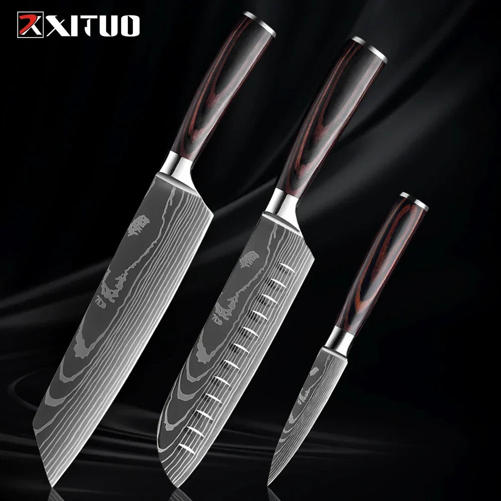 Kitchen Knife Set - 1-9 Piece Stainless Steel Chef, Santoku & Fruit Knives with Ergonomic Pakkawood Handle