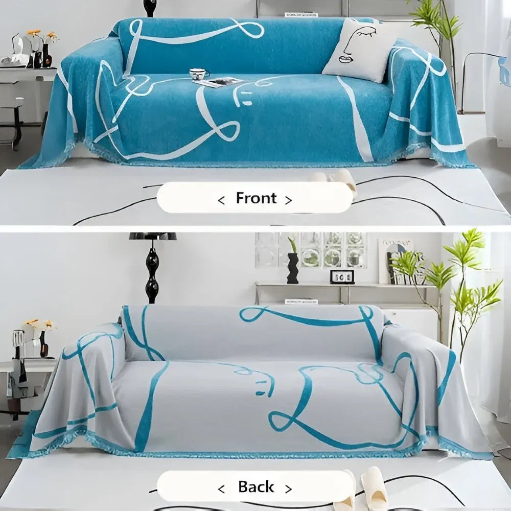 Reversible Chenille Sofa Cover with Abstract Line Design