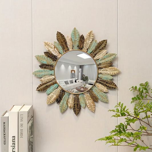 Teal & Gold Leaf Sunburst Metal Wall Mirror | Bohemian Decor Accent