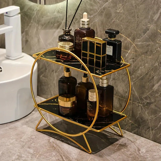 Two-Tier Bathroom Organizer with Cat Ear Design Base - Metal Cosmetic and Skincare Storage Shelf