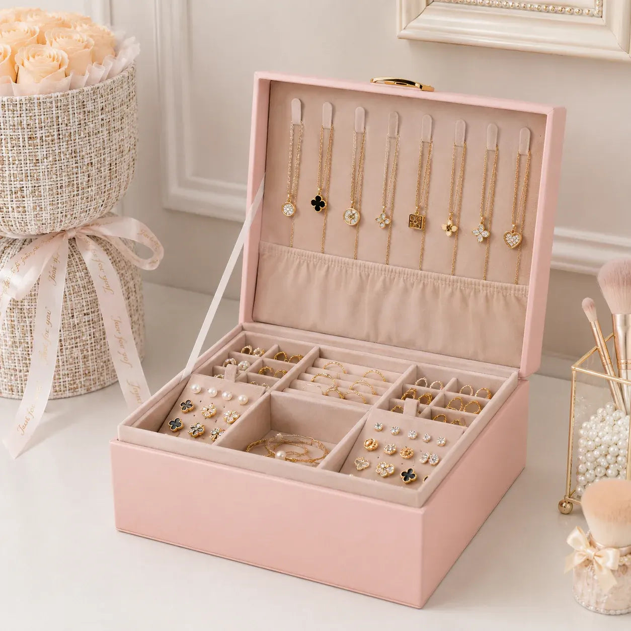 2-Layer Jewelry Storage Box with Organizer Tray Case – Mother's Day Gift