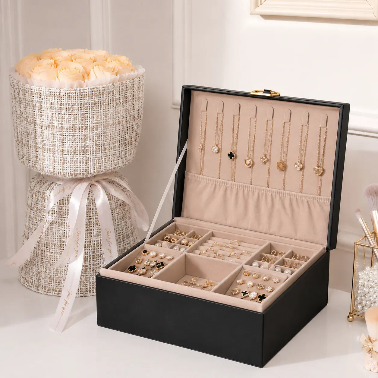 2-Layer Jewelry Storage Box with Organizer Tray Case – Mother's Day Gift