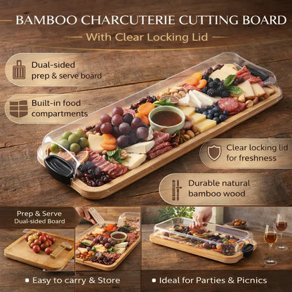 Bamboo Charcuterie Serving Tray with Locking Lid Cutting Board