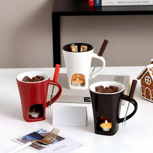 Ceramic Fondue Pot Set with Candle Heater for Chocolate, Cheese & Dessert