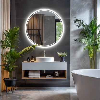 Circular LED Bathroom Mirror with Anti-Fog Feature and Dimmable Touch Control
