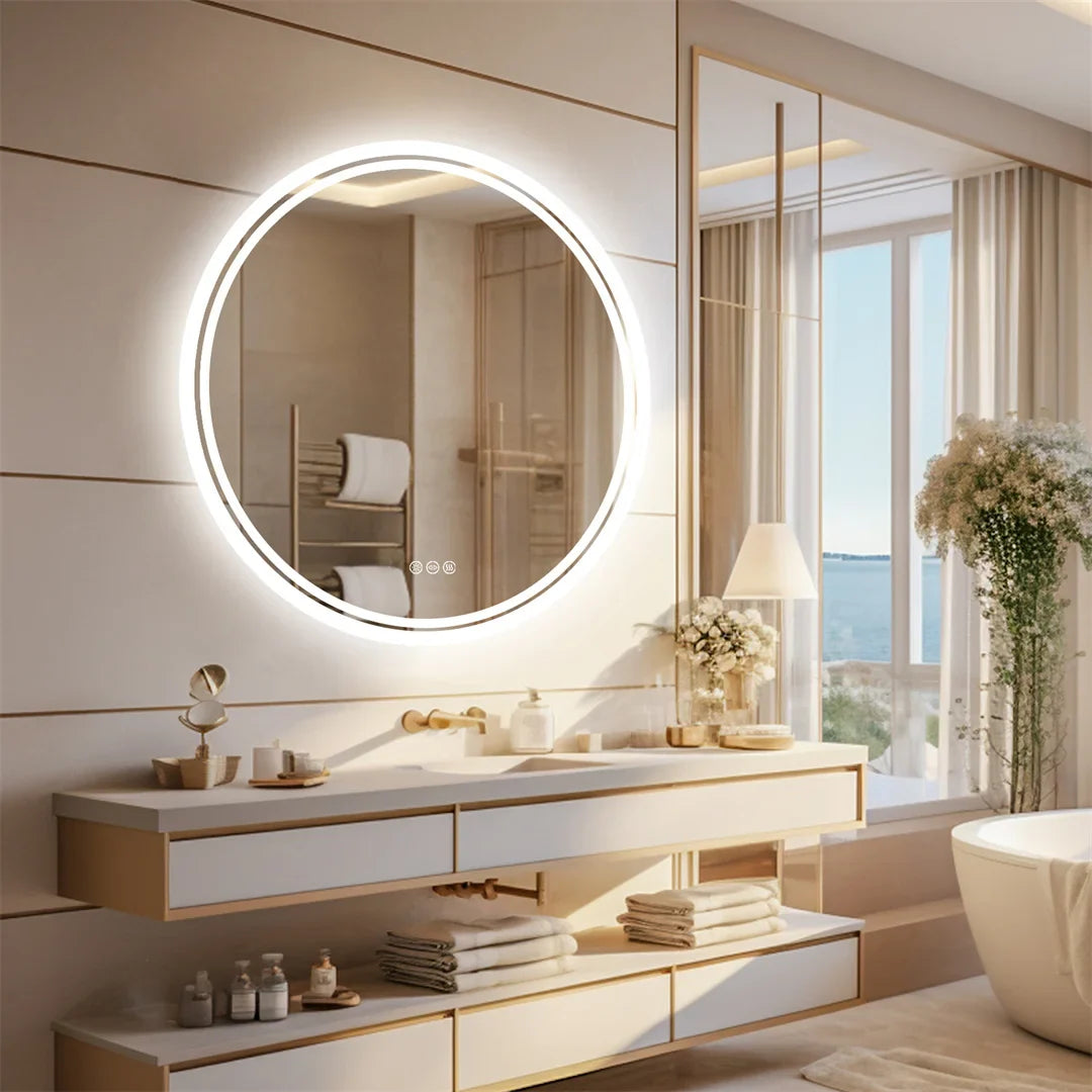 Circular LED Bathroom Mirror with Anti-Fog Feature and Dimmable Touch Control