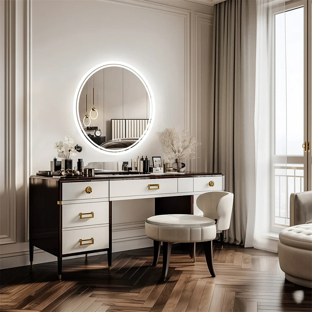 Circular LED Bathroom Mirror with Anti-Fog Feature and Dimmable Touch Control