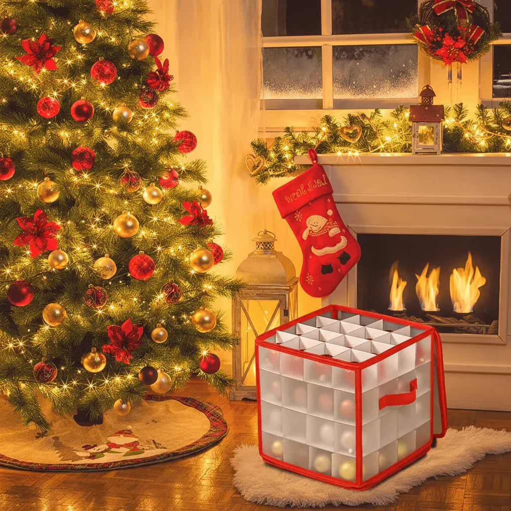 Clear Plastic Christmas Ornament Storage Bin with Organizer Compartments