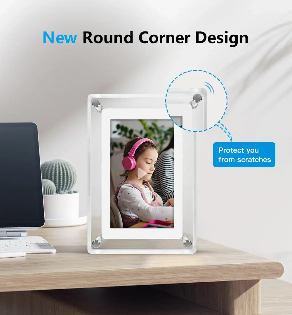 ClearFrame Acrylic Digital Photo Display - Portable IPS Screen with Built-in Rechargeable Battery