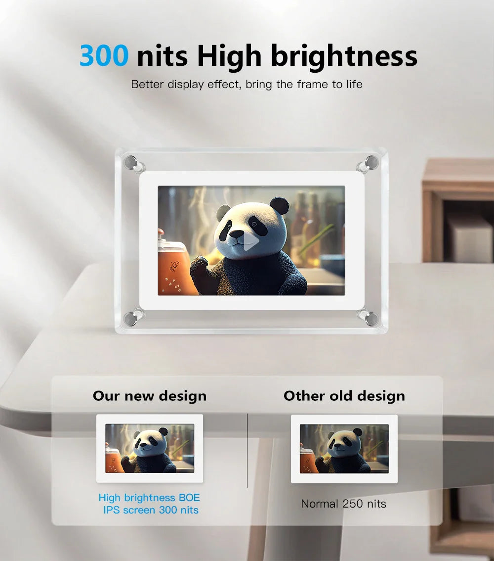 ClearFrame Acrylic Digital Photo Display - Portable IPS Screen with Built-in Rechargeable Battery