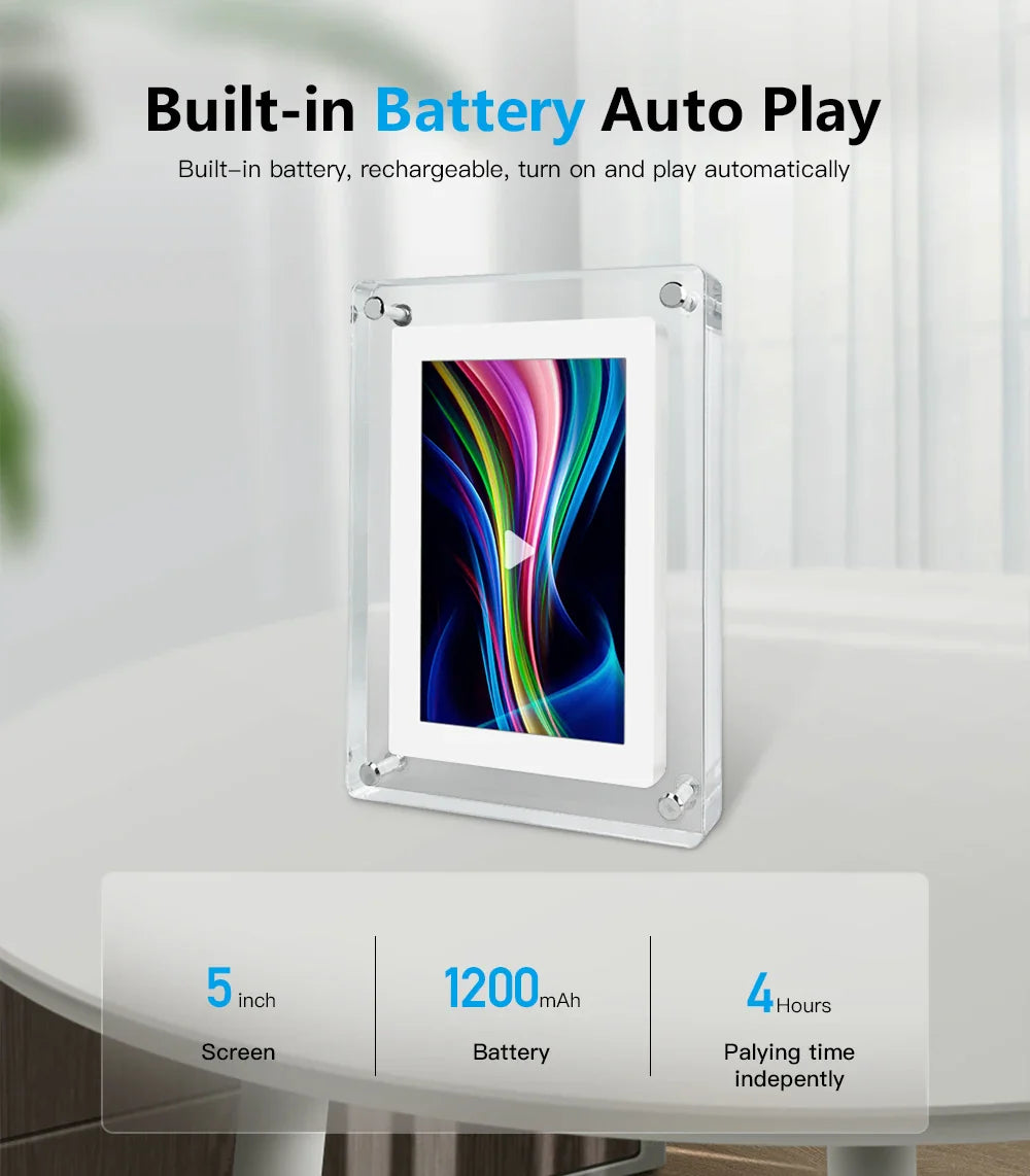 ClearFrame Acrylic Digital Photo Display - Portable IPS Screen with Built-in Rechargeable Battery