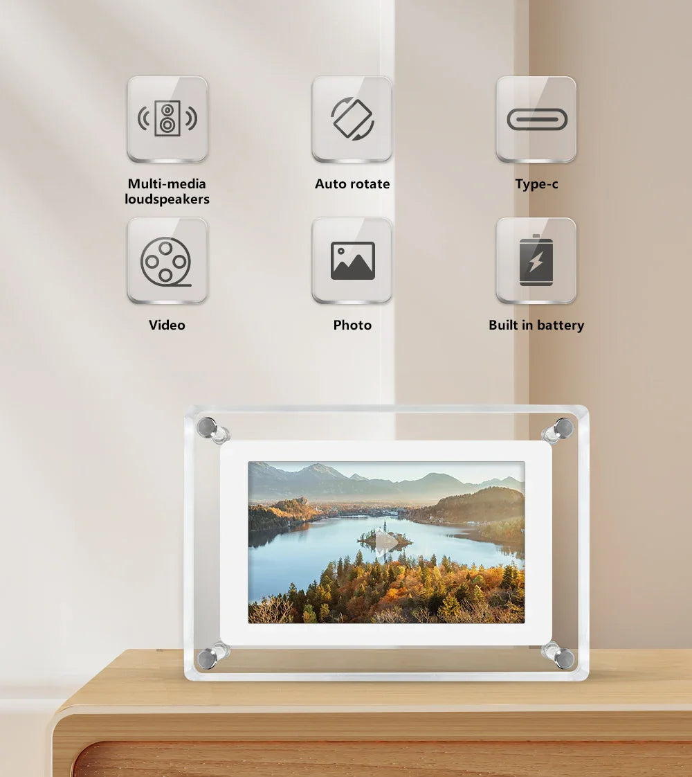 ClearFrame Acrylic Digital Photo Display - Portable IPS Screen with Built-in Rechargeable Battery