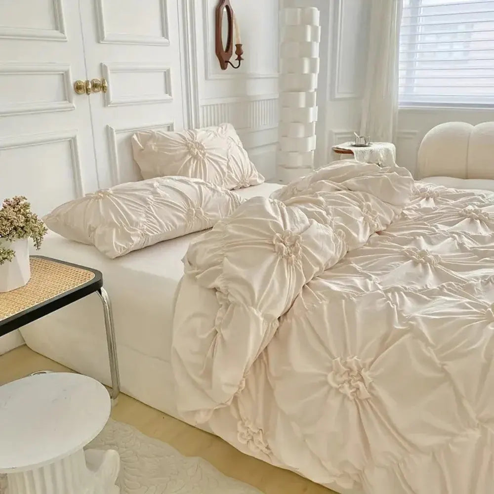 Floral Pleated Bedroom Quilt Duvet Cover Set