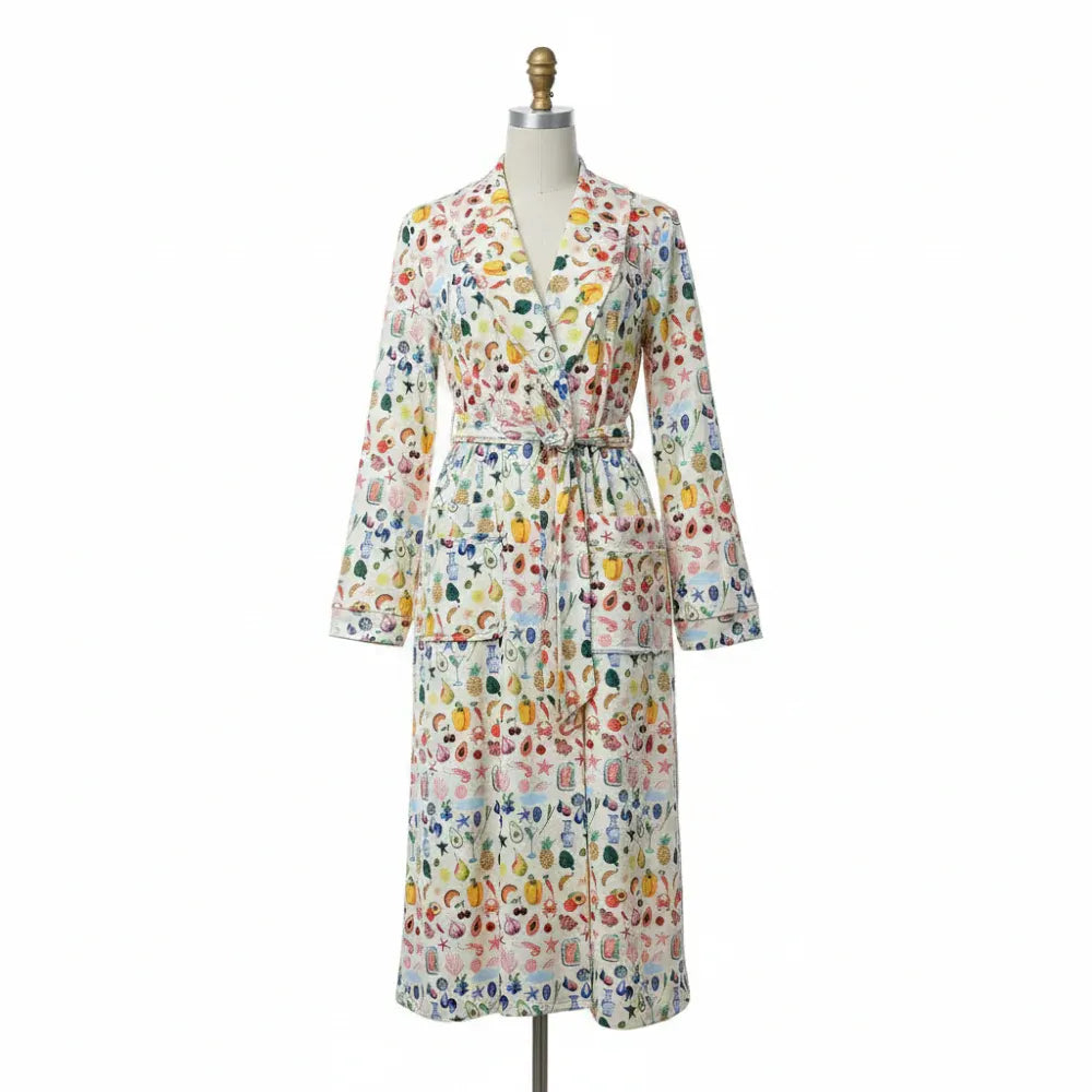 Floral Print Flannel Bathrobe with Shawl Collar and Tie Waist