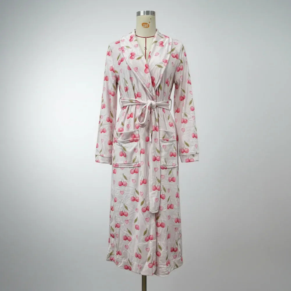 Floral Print Flannel Bathrobe with Shawl Collar and Tie Waist