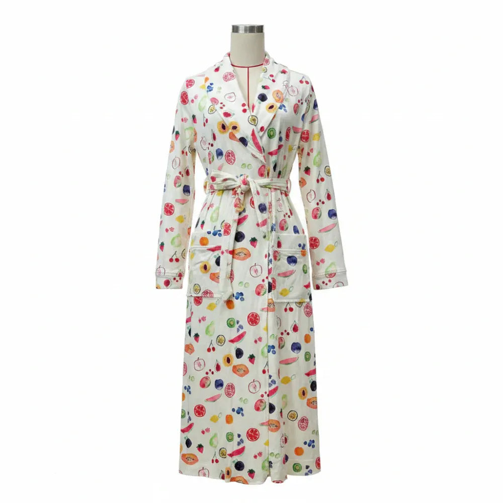 Floral Print Flannel Bathrobe with Shawl Collar and Tie Waist