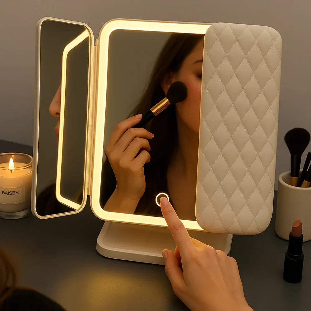 Foldable LED Makeup Mirror with Adjustable Lighting and Stand