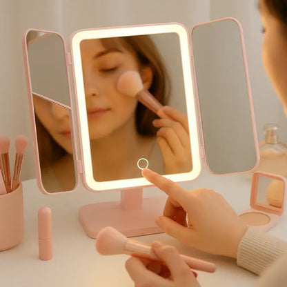 Foldable LED Makeup Mirror with Adjustable Lighting and Stand