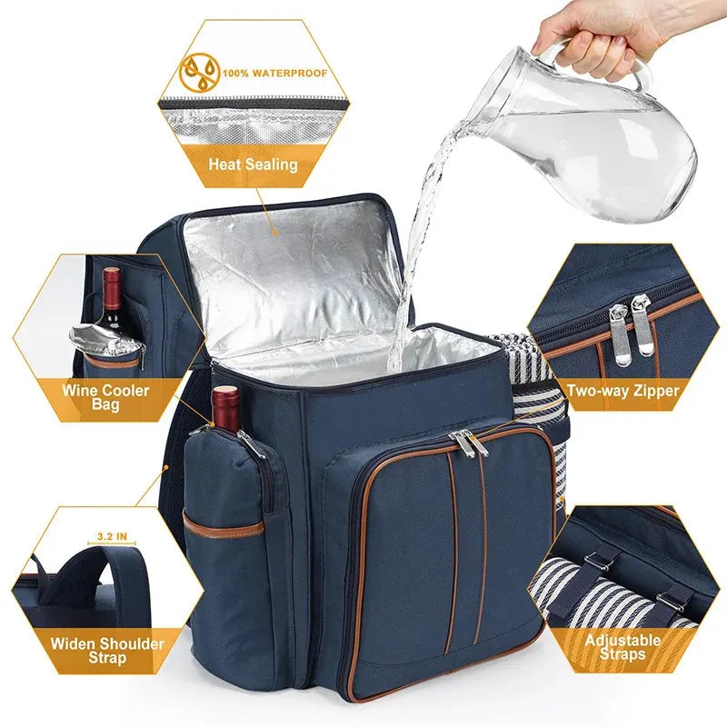 Insulated Picnic Backpack with Dining Set for Outdoor Use
