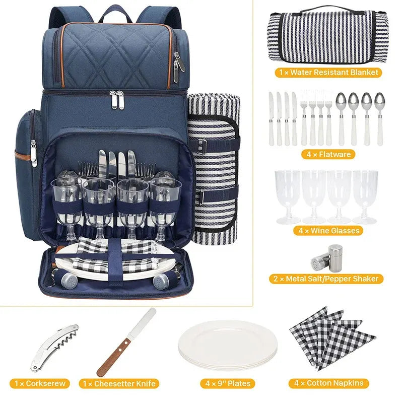Insulated Picnic Backpack with Dining Set for Outdoor Use