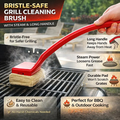 Long Handle Steam BBQ Grill Scrub Brush Cleaning Pad