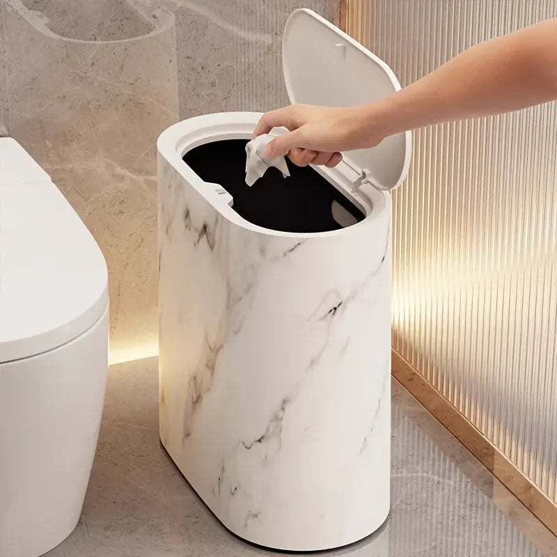 Marble Pattern Waste Bin | Modern Lidded Trash Can for Bathroom & Kitchen