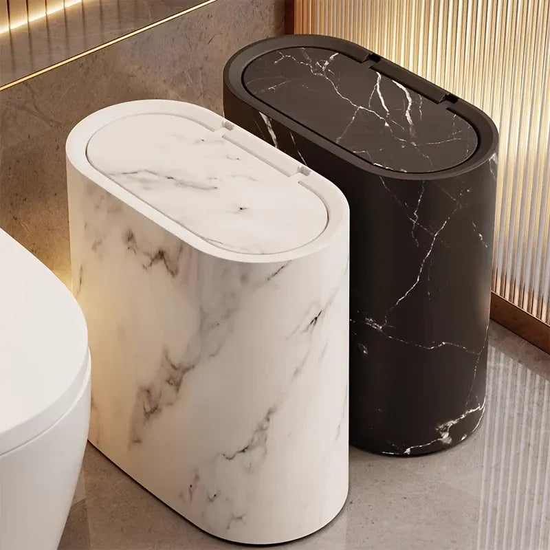 Marble Pattern Waste Bin | Modern Lidded Trash Can for Bathroom & Kitchen