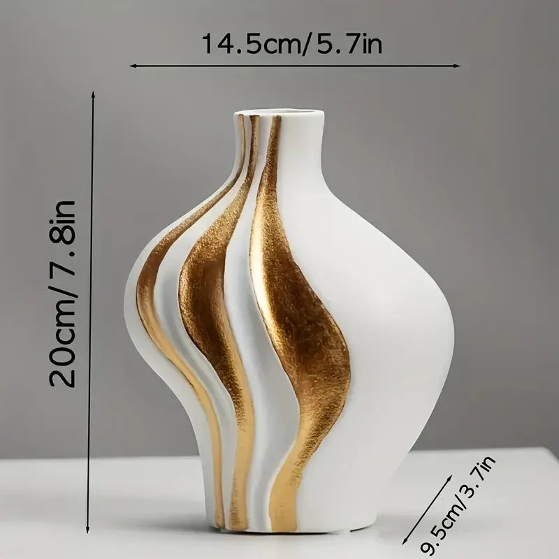 Modern Ceramic Vase in Black & White with Gold Accents – Elegant Tabletop and Mantelpiece Decor