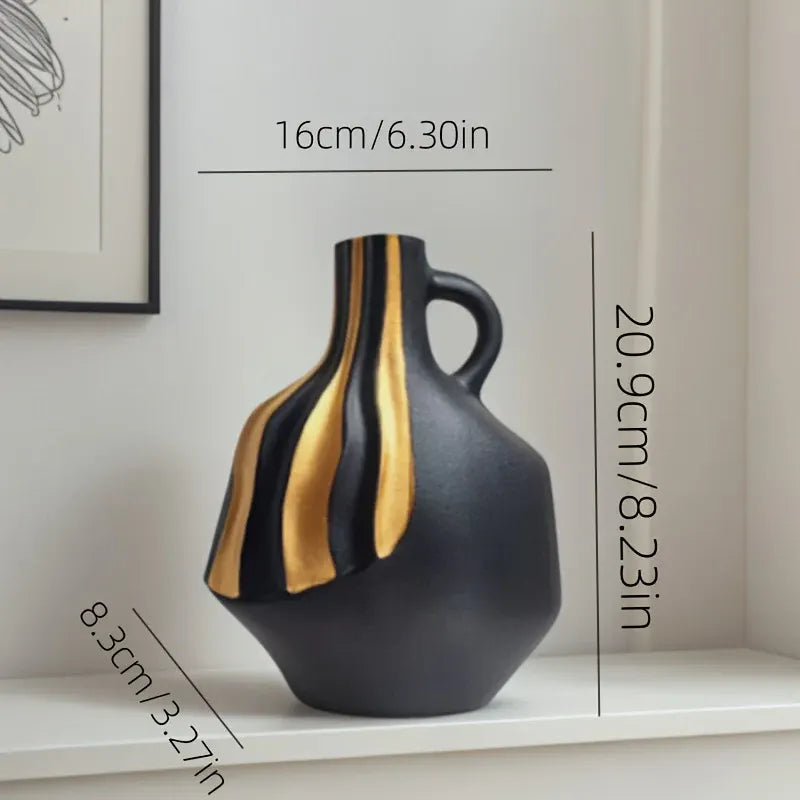 Modern Ceramic Vase in Black & White with Gold Accents – Elegant Tabletop and Mantelpiece Decor