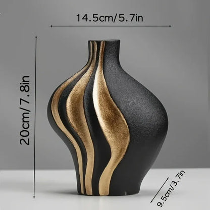 Modern Ceramic Vase in Black & White with Gold Accents – Elegant Tabletop and Mantelpiece Decor