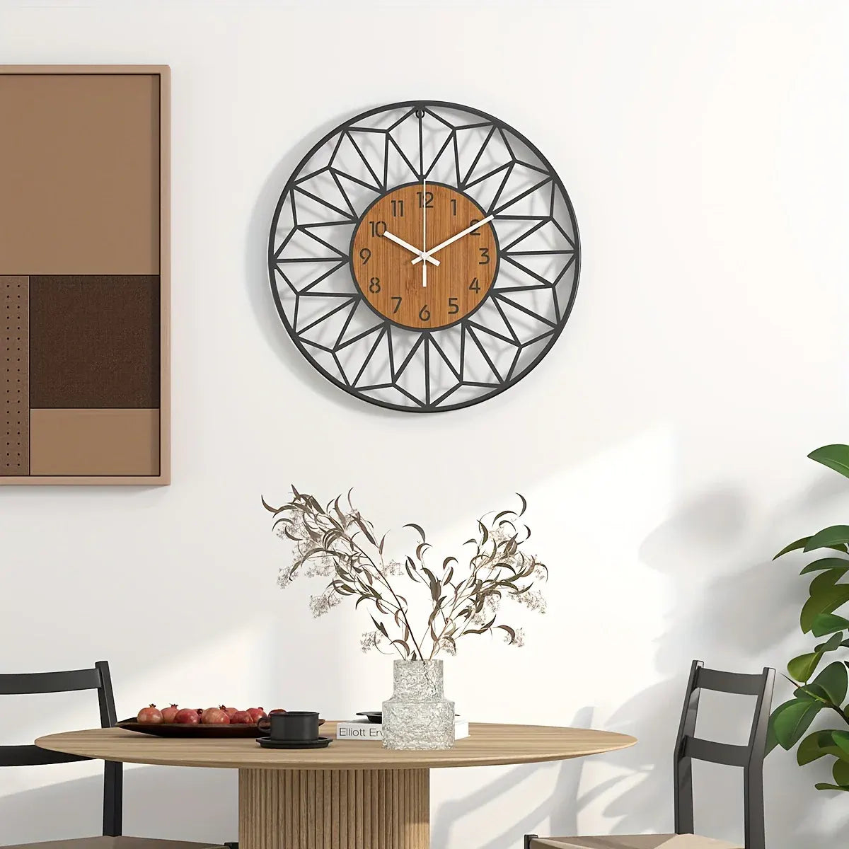 Modern Metal Wall Clock with Wood Grain Center Design