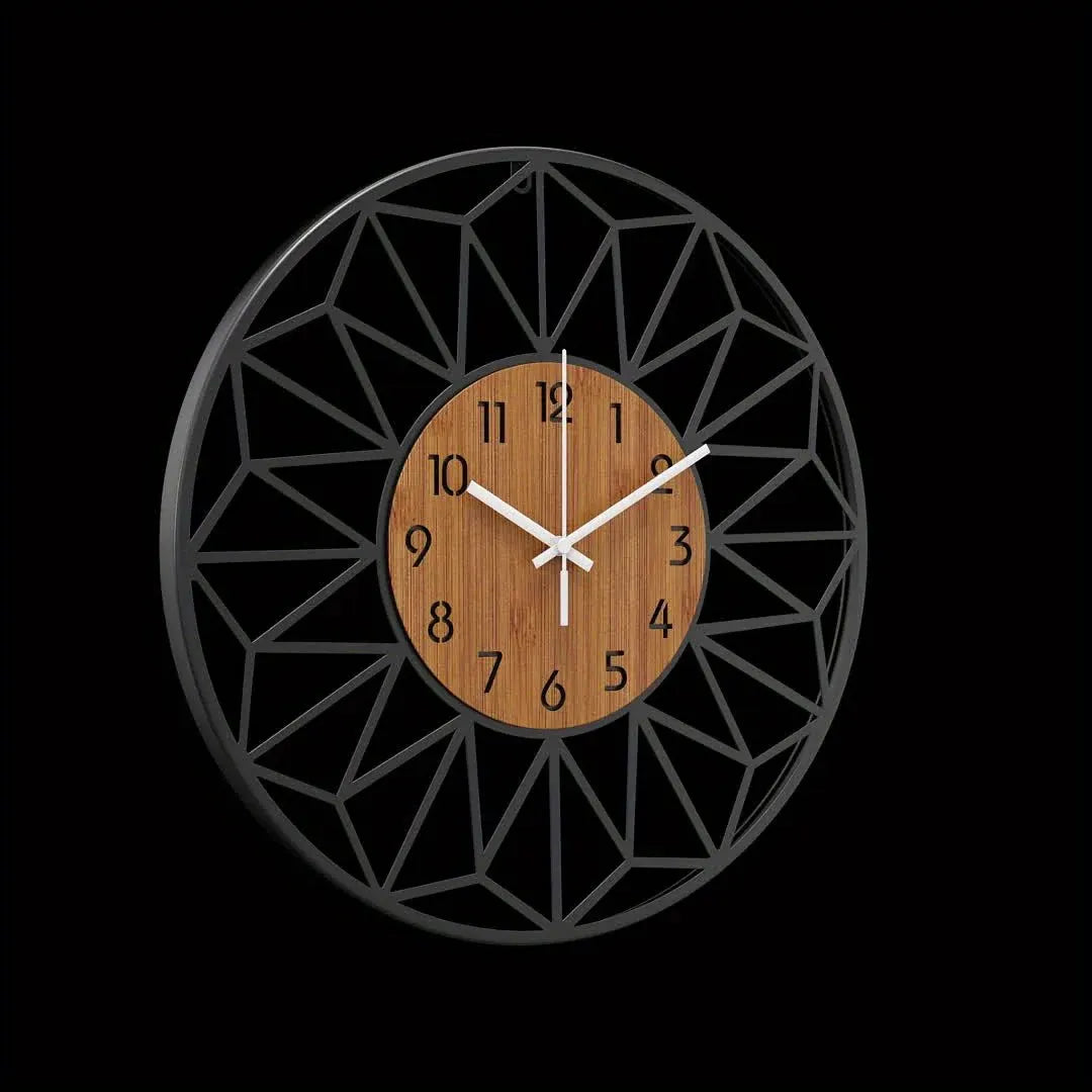 Modern Metal Wall Clock with Wood Grain Center Design