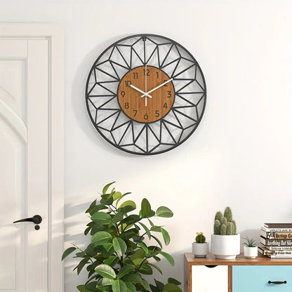 Modern Metal Wall Clock with Wood Grain Center Design