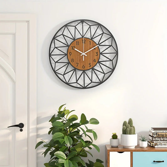 Modern Metal Wall Clock with Wood Grain Center Design