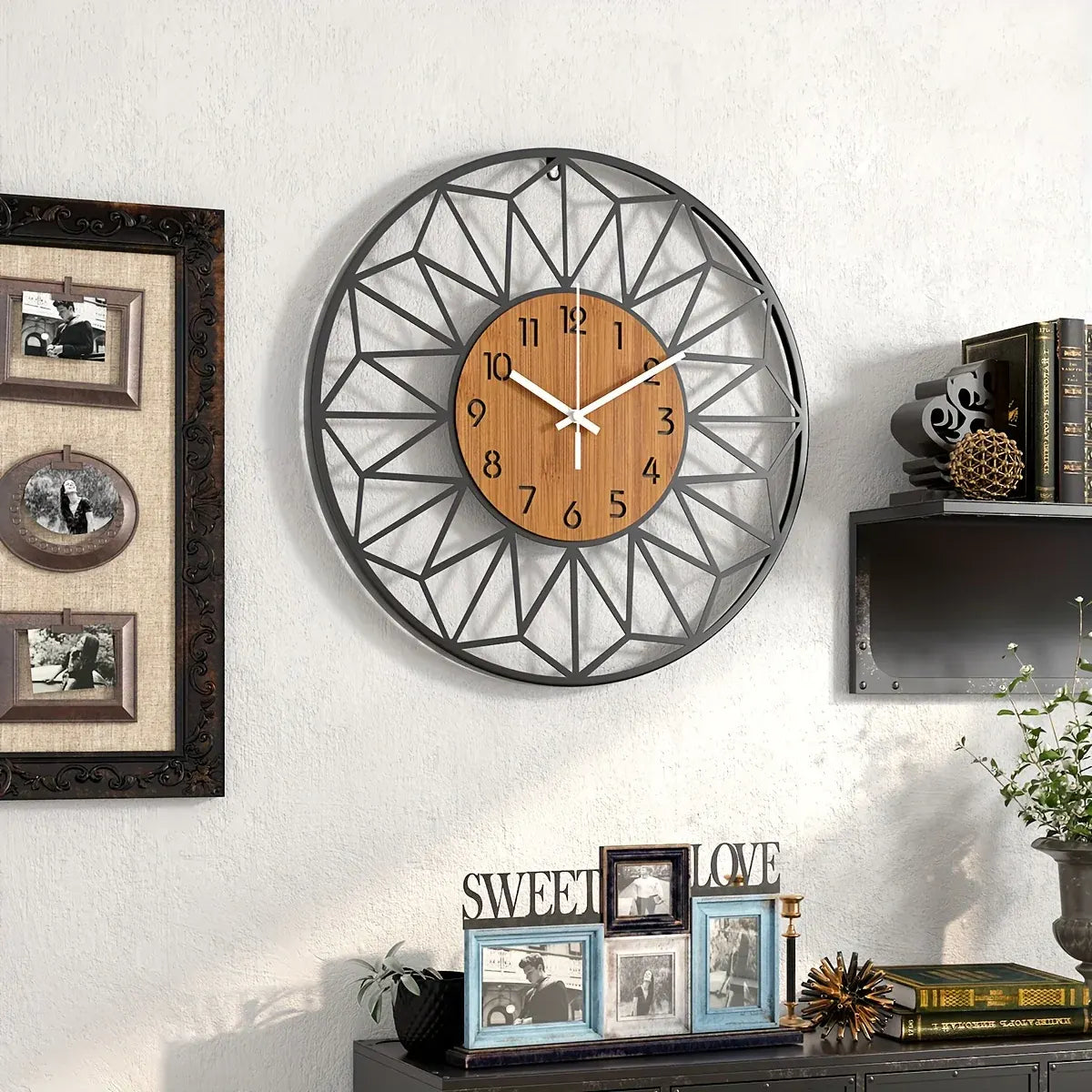 Modern Metal Wall Clock with Wood Grain Center Design