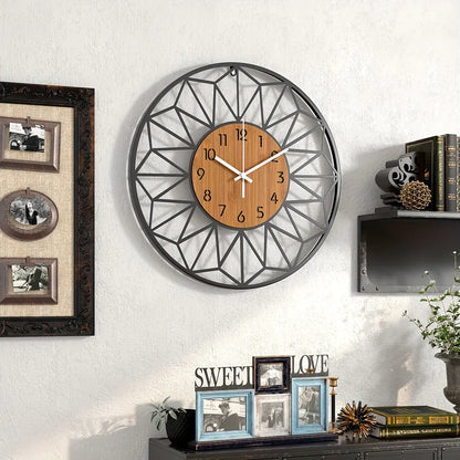 Modern Metal Wall Clock with Wood Grain Center Design
