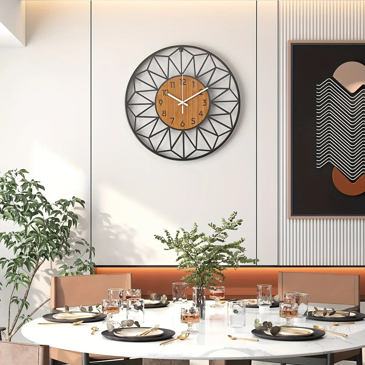 Modern Metal Wall Clock with Wood Grain Center Design