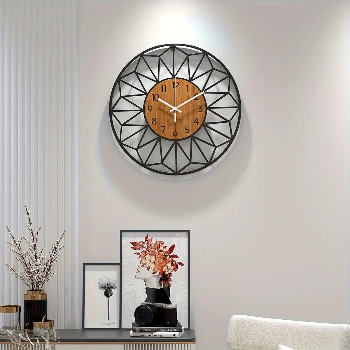 Modern Metal Wall Clock with Wood Grain Center Design