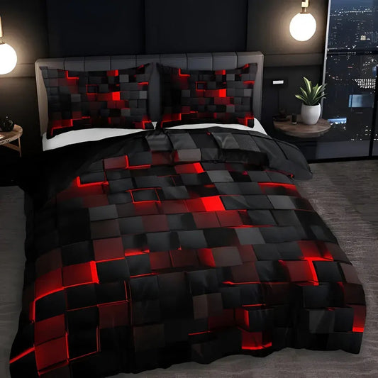 Modern Neon 3D Grid Print Bedding Quilt Cover Set for Bedroom Decor
