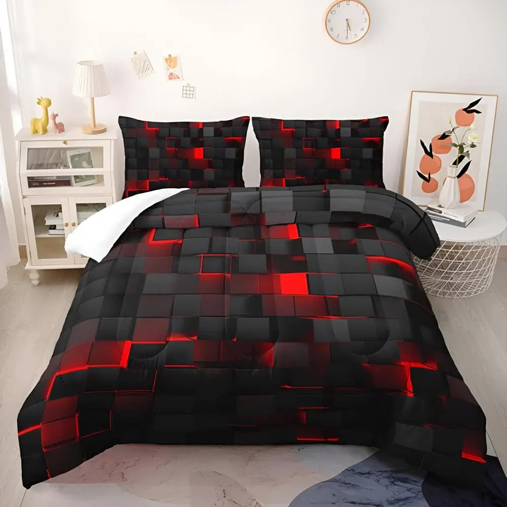 Modern Neon 3D Grid Print Bedding Quilt Cover Set for Bedroom Decor