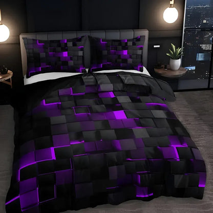 Modern Neon 3D Grid Print Bedding Quilt Cover Set for Bedroom Decor