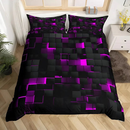 Modern Neon 3D Grid Print Bedding Quilt Cover Set for Bedroom Decor