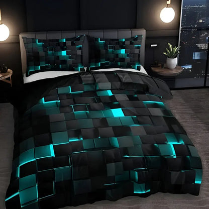 Modern Neon 3D Grid Print Bedding Quilt Cover Set for Bedroom Decor