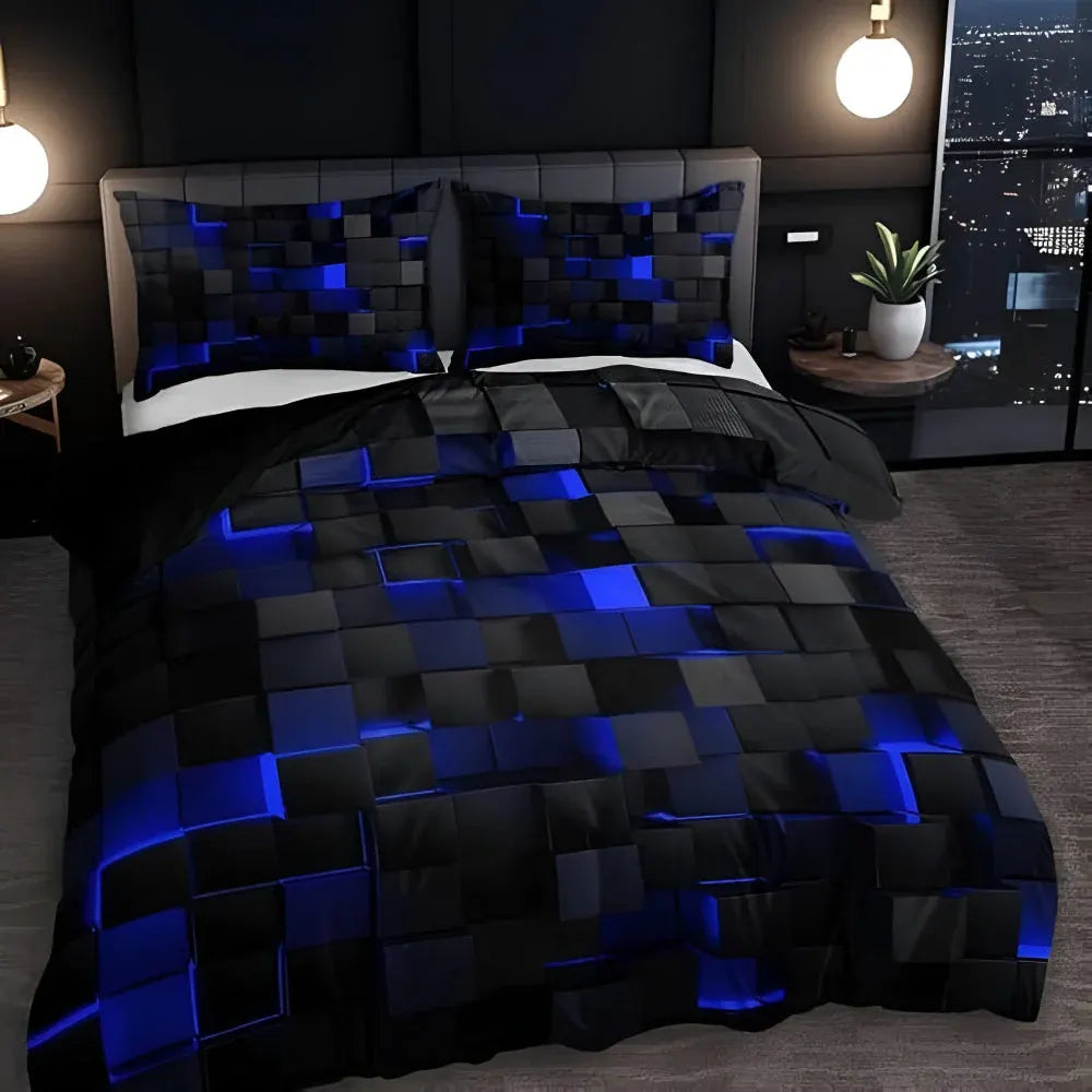 Modern Neon 3D Grid Print Bedding Quilt Cover Set for Bedroom Decor