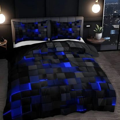 Modern Neon 3D Grid Print Bedding Quilt Cover Set for Bedroom Decor