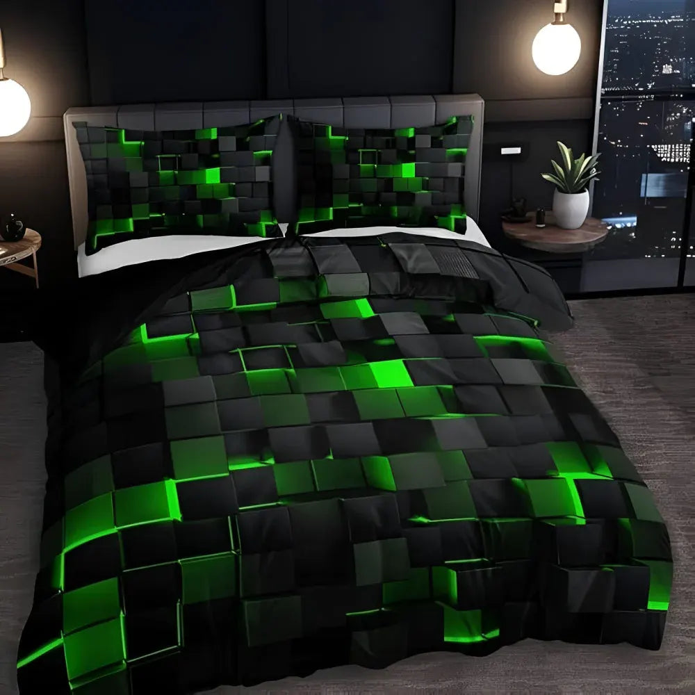 Modern Neon 3D Grid Print Bedding Quilt Cover Set for Bedroom Decor