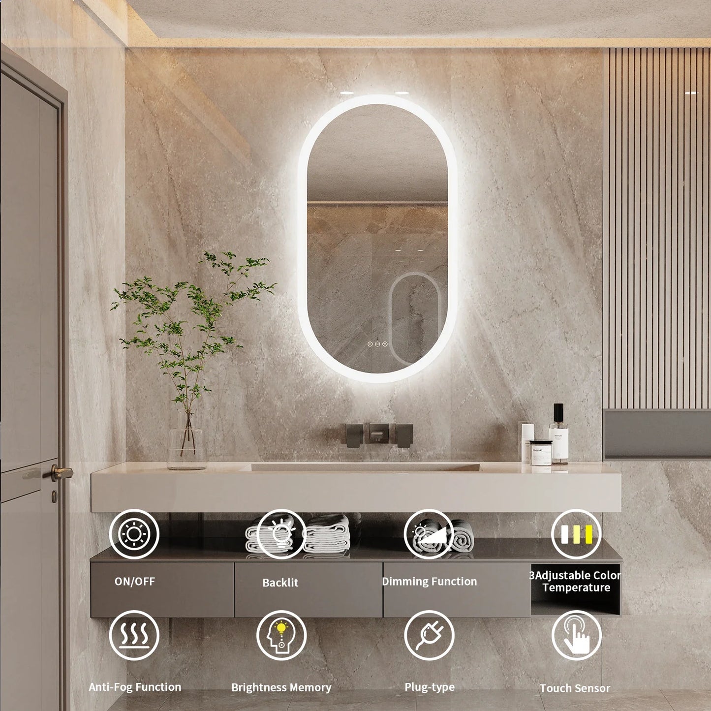 Oval LED Bathroom Mirror with Anti-Fog Function and Dimmable Backlit Design