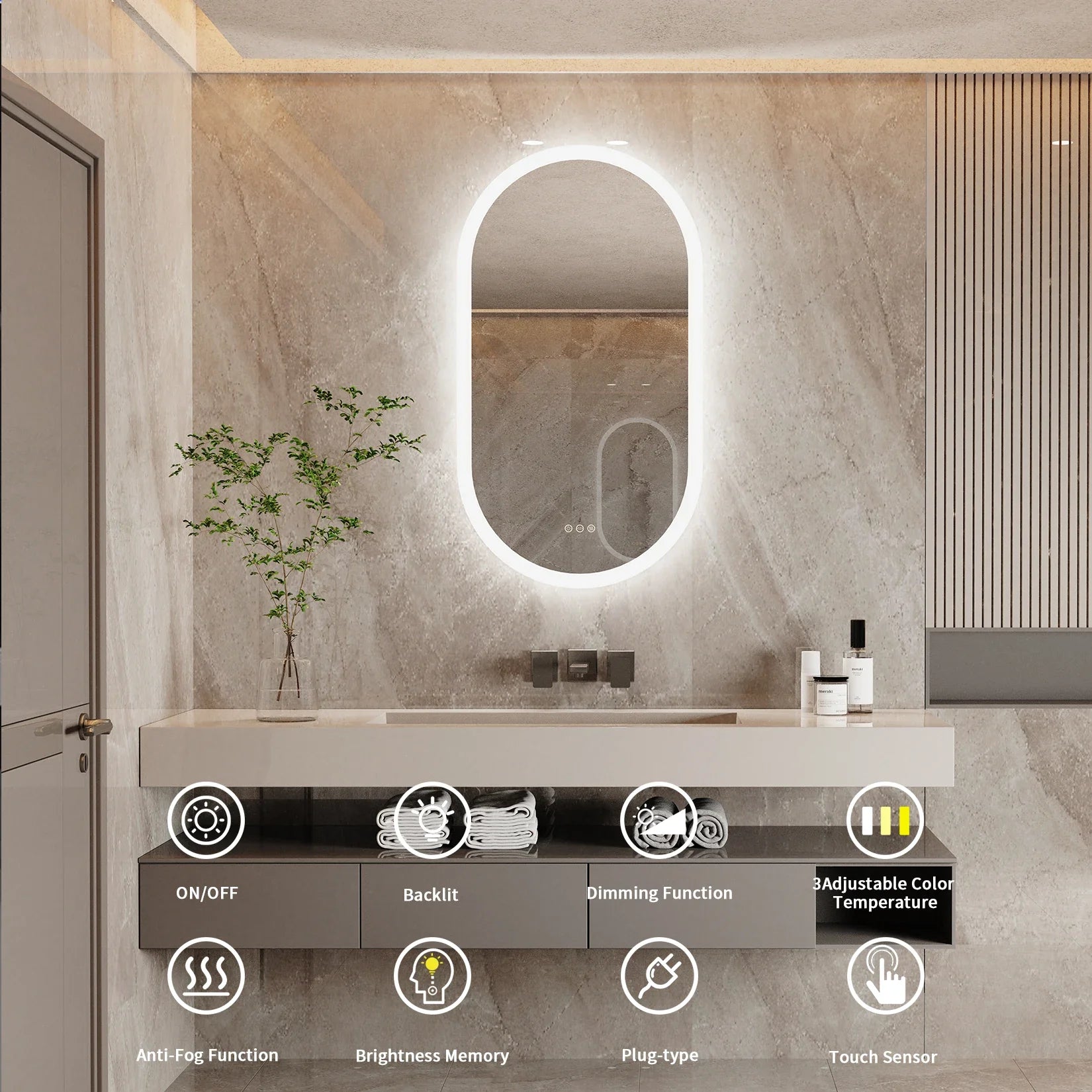 Oval LED Bathroom Mirror with Anti-Fog Function and Dimmable Backlit Design