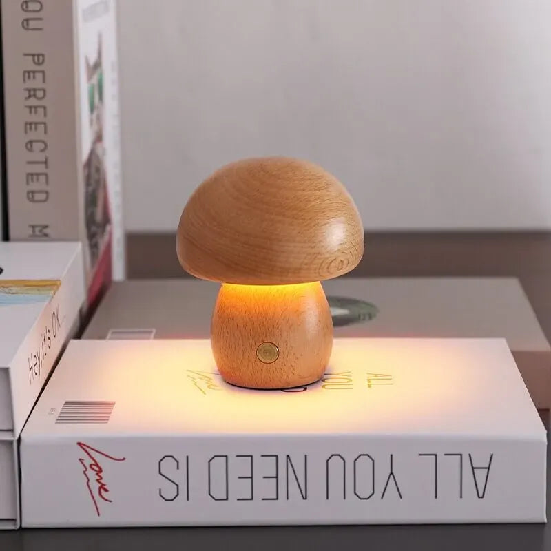 Portobello Mushroom Wood Night Light - Rechargeable Natural Table Lamp